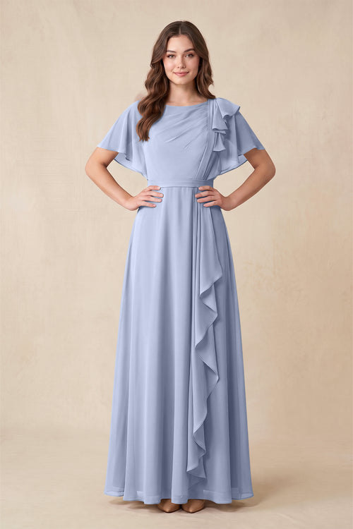 Ice Short Sleeves Bateau A-Line Chiffon Bridesmaid Dress | KISSBRIDAL