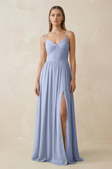 Ice Spaghetti Strap Pleated A-Line Chiffon Bridesmaid Dress | KISSBRIDAL