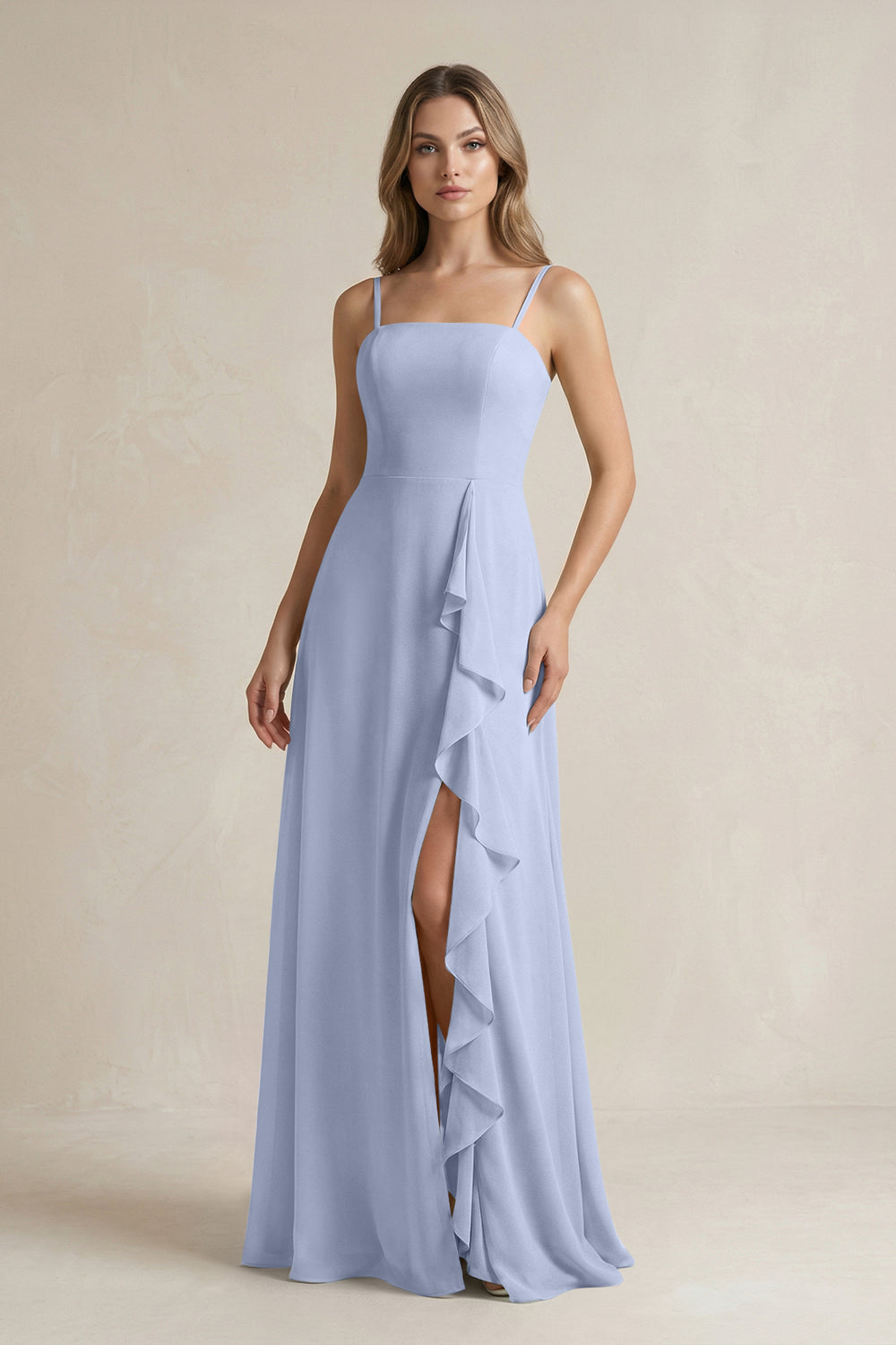 Spaghetti Strap Ruffled A-Line Chiffon Bridesmaid Dress in Ice