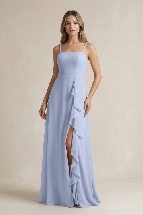 Ice Spaghetti Strap Ruffled A-Line Chiffon Bridesmaid Dress | KISSBRIDAL
