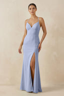 Ice Spaghetti Strap Sheath Chiffon Bridesmaid Dress With Slit | KISSBRIDAL