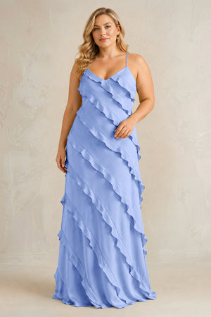 Ice Spaghetti Straps Sheath Stain Ruffled Bridesmaid Dress | KISSBRIDAL[sizeplus]