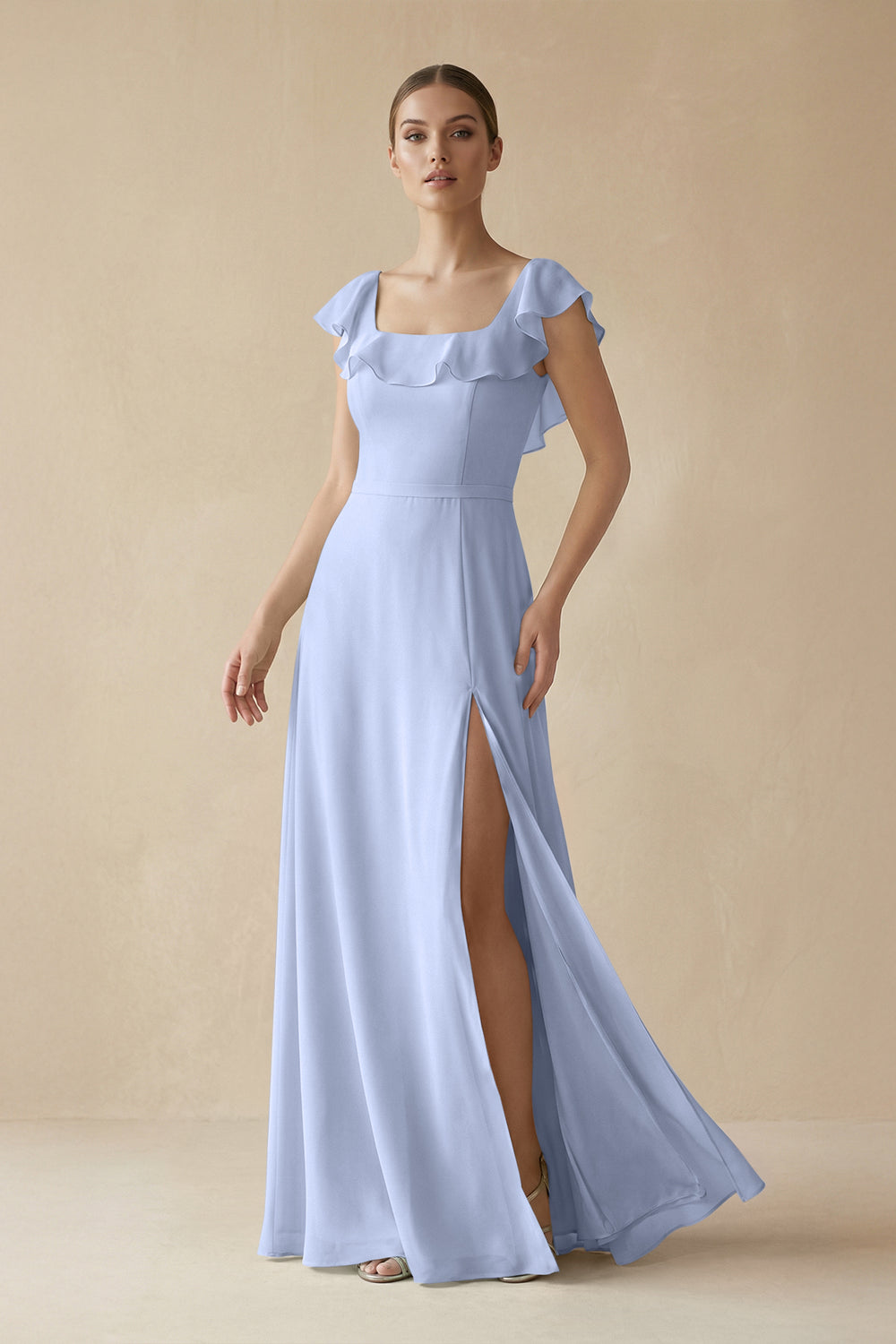Square Neck A-Line Bridesmaid Dress with Ruffles in Ice
