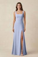 Ice Square Neck A-Line Bridesmaid Dress With Slit | KISSBRIDAL