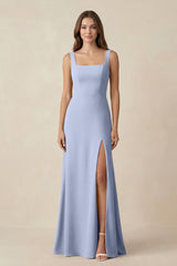 Ice Square Neck A-Line Bridesmaid Dress With Slit | KISSBRIDAL