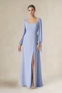 Ice Square Neck Long Sleeve A-Line Chiffon Bridesmaid Dress in Ice | KISSBRIDAL