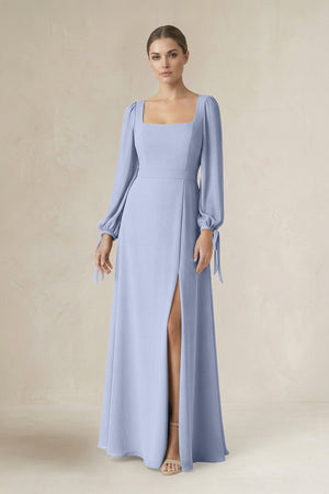 Ice Square Neck Long Sleeve A-Line Chiffon Bridesmaid Dress in Ice | KISSBRIDAL