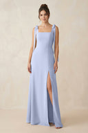 Ice Square Neck Sheath Chiffon Bridesmaid Dress with Bow | KISSBRIDAL