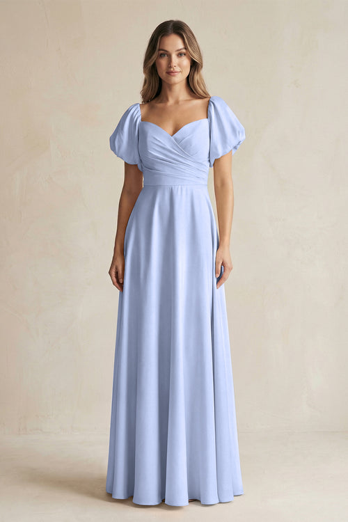 Ice Sweetheart Puff Sleeve A-Line Chiffon Bridesmaid Dress | KISSBRIDAL