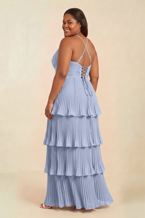 Ice Tiered Pleated V-Neck A-Line Chiffon Bridesmaid Dress (2) | KISSBRIDAL