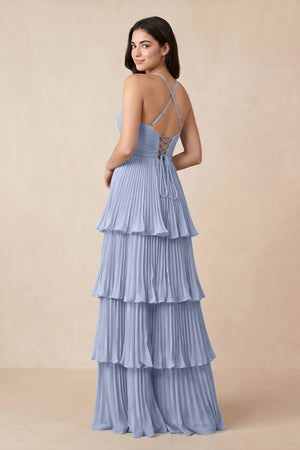 Ice Tiered Pleated V-Neck A-Line Chiffon Bridesmaid Dress (2) | KISSBRIDAL