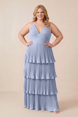 Ice Tiered Pleated V-Neck A-Line Chiffon Bridesmaid Dress (3) | KISSBRIDAL