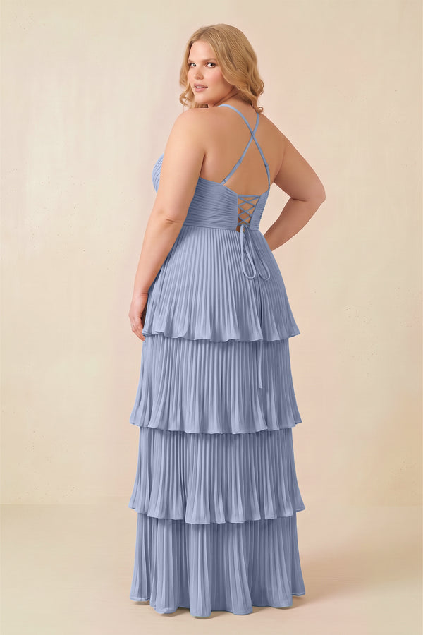 Ice Tiered Pleated V-Neck A-Line Chiffon Bridesmaid Dress (4) | KISSBRIDAL