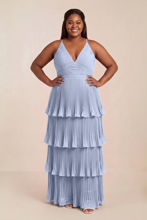 Ice Tiered Pleated V-Neck A-Line Chiffon Bridesmaid Dress | KISSBRIDAL