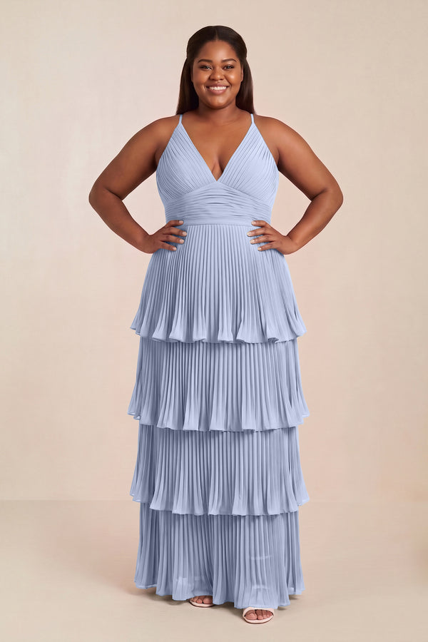 Ice Tiered Pleated V-Neck A-Line Chiffon Bridesmaid Dress | KISSBRIDAL