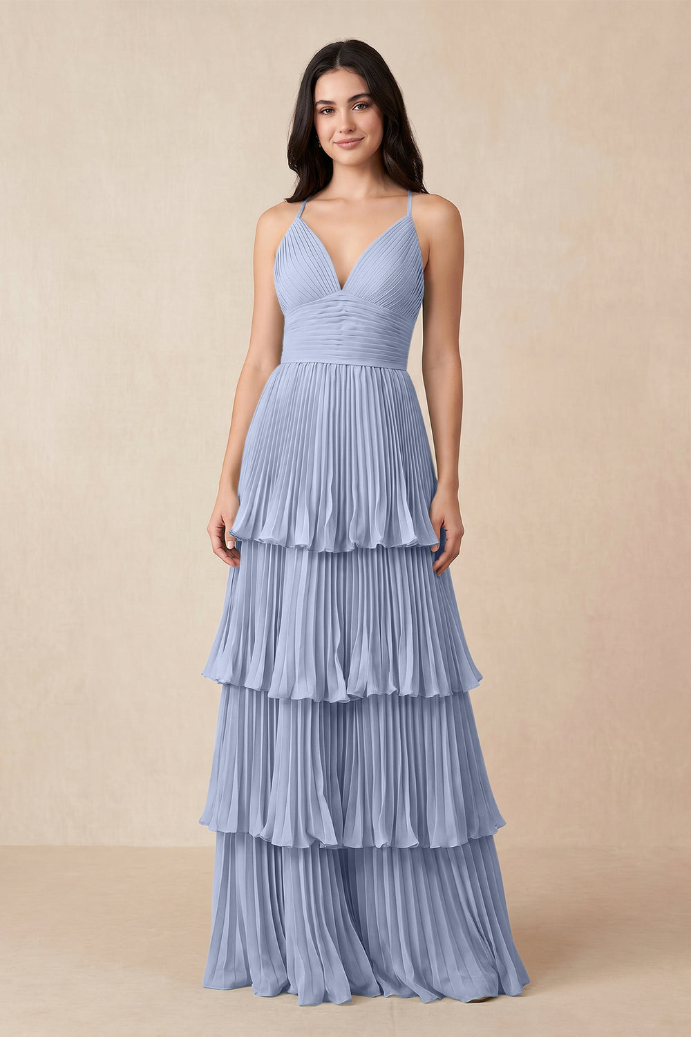Tiered Pleated V-Neck A-Line Chiffon Bridesmaid Dress in Ice