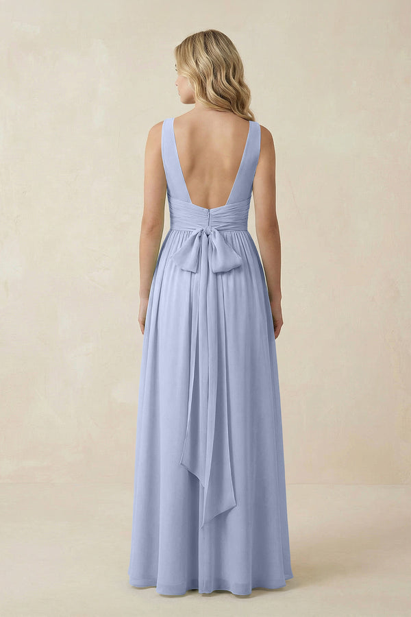 Ice V-Neck A-Line Bridesmaid Dress with Back Bow (2) | KISSBRIDAL