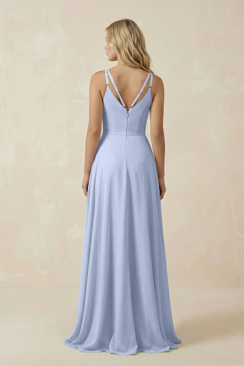 V-Neck A-Line Chiffon Bridesmaid Dress with Crisscross Back in Ice