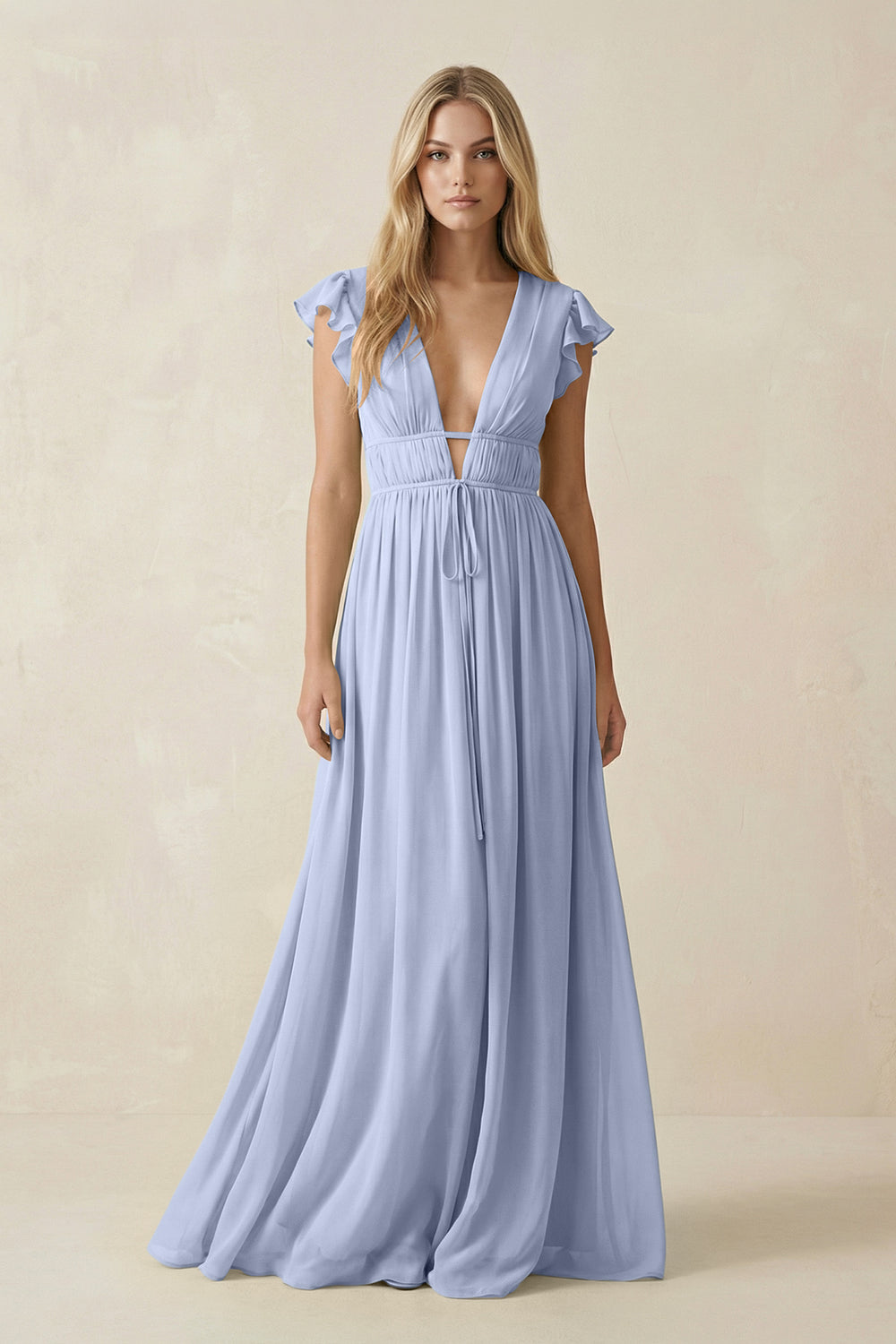 V-Neck A-Line Chiffon Cap Sleeves Bridesmaid Dress in Ice