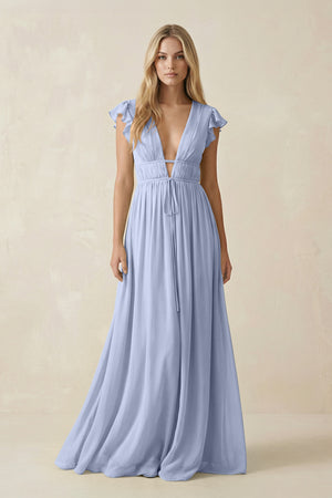 Ice V-Neck A-Line Chiffon Cap Sleeves Bridesmaid Dress | KISSBRIDAL