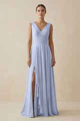 Ice V-Neck A-Line Chiffon Ruffled Bridesmaid Dress | KISSBRIDAL