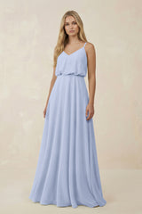 Ice V-Neck Blouson A-Line Chiffon Bridesmaid Dress | KISSBRIDAL