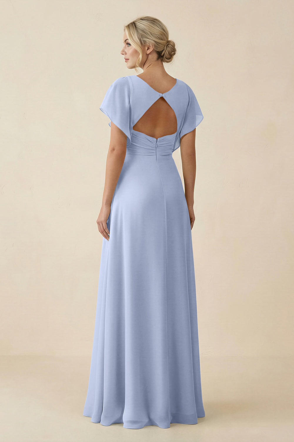 V-Neck Cap Sleeve Chiffon Bridesmaid Dress with Cut-out Back in Ice