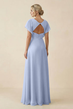 Ice V-Neck Cap Sleeve Chiffon Bridesmaid Dress with Cut-out Back (2) | KISSBRIDAL
