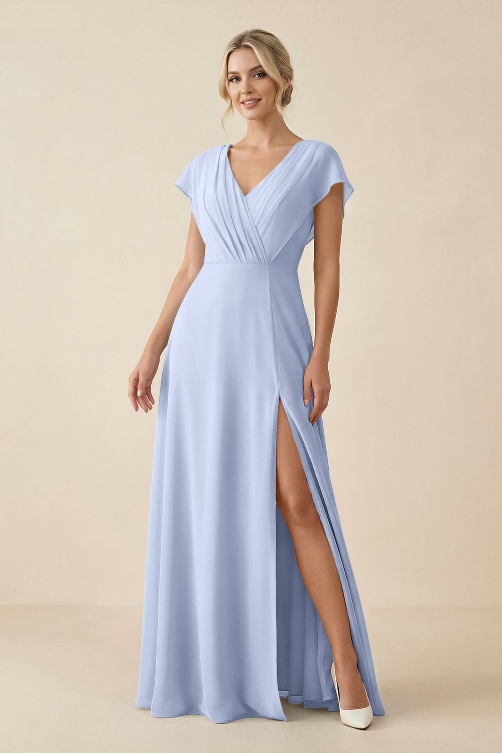 V-Neck Cap Sleeve Chiffon Bridesmaid Dress with Cut-out Back in Ice