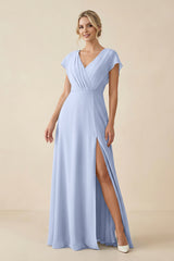 Ice V-Neck Cap Sleeve Chiffon Bridesmaid Dress with Cut-out Back | KISSBRIDAL