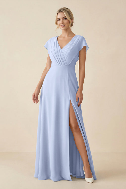 Ice V-Neck Cap Sleeve Chiffon Bridesmaid Dress with Cut-out Back | KISSBRIDAL