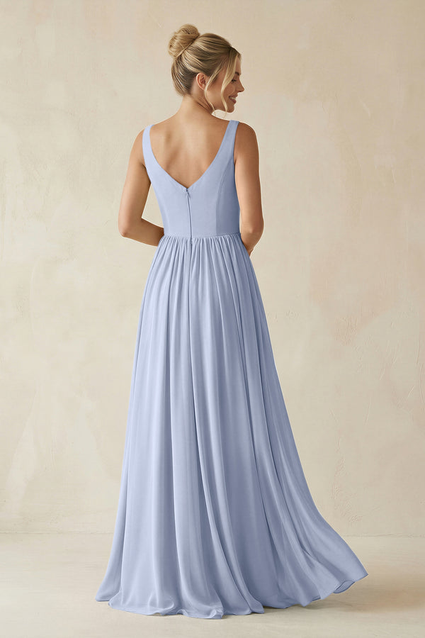 Ice V-Neck Chiffon A-Line Long Bridesmaid Dress (2) | KISSBRIDAL