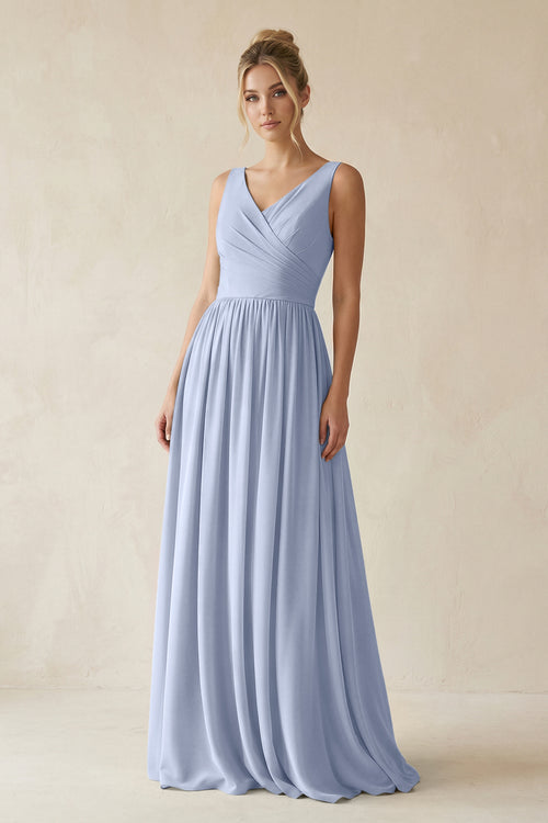 Ice V-Neck Chiffon A-Line Long Bridesmaid Dress | KISSBRIDAL