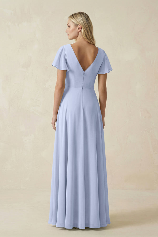 Ice V-Neck Flutter Sleeve A-Line Chiffon Bridesmaid Dress (2) | KISSBRIDAL