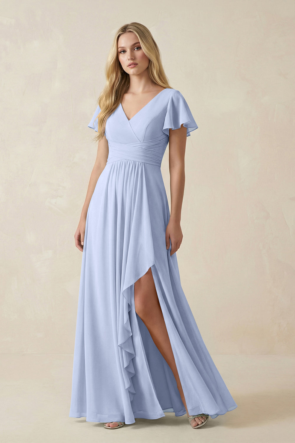 V-Neck Flutter Sleeve A-Line Chiffon Bridesmaid Dress in Ice