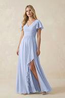 Ice V-Neck Flutter Sleeve A-Line Chiffon Bridesmaid Dress | KISSBRIDAL