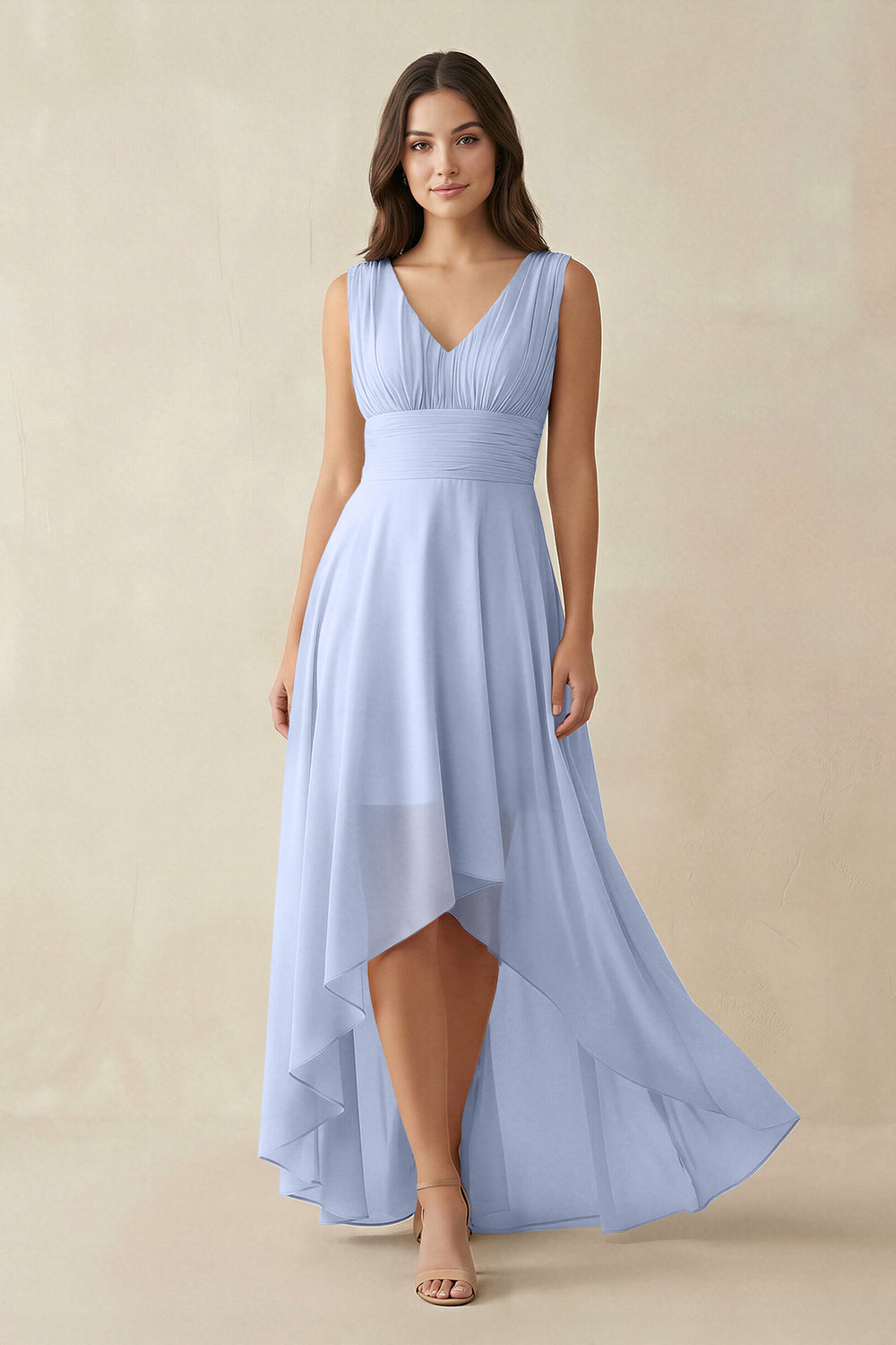 V-Neck High-Low Chiffon Bridesmaid Dress in Ice