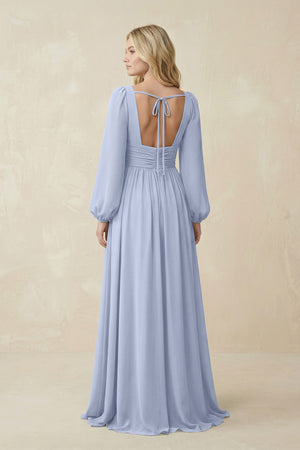 Ice V-Neck Long Sleeve A-Line Chiffon Bridesmaid Dress (2) | KISSBRIDAL