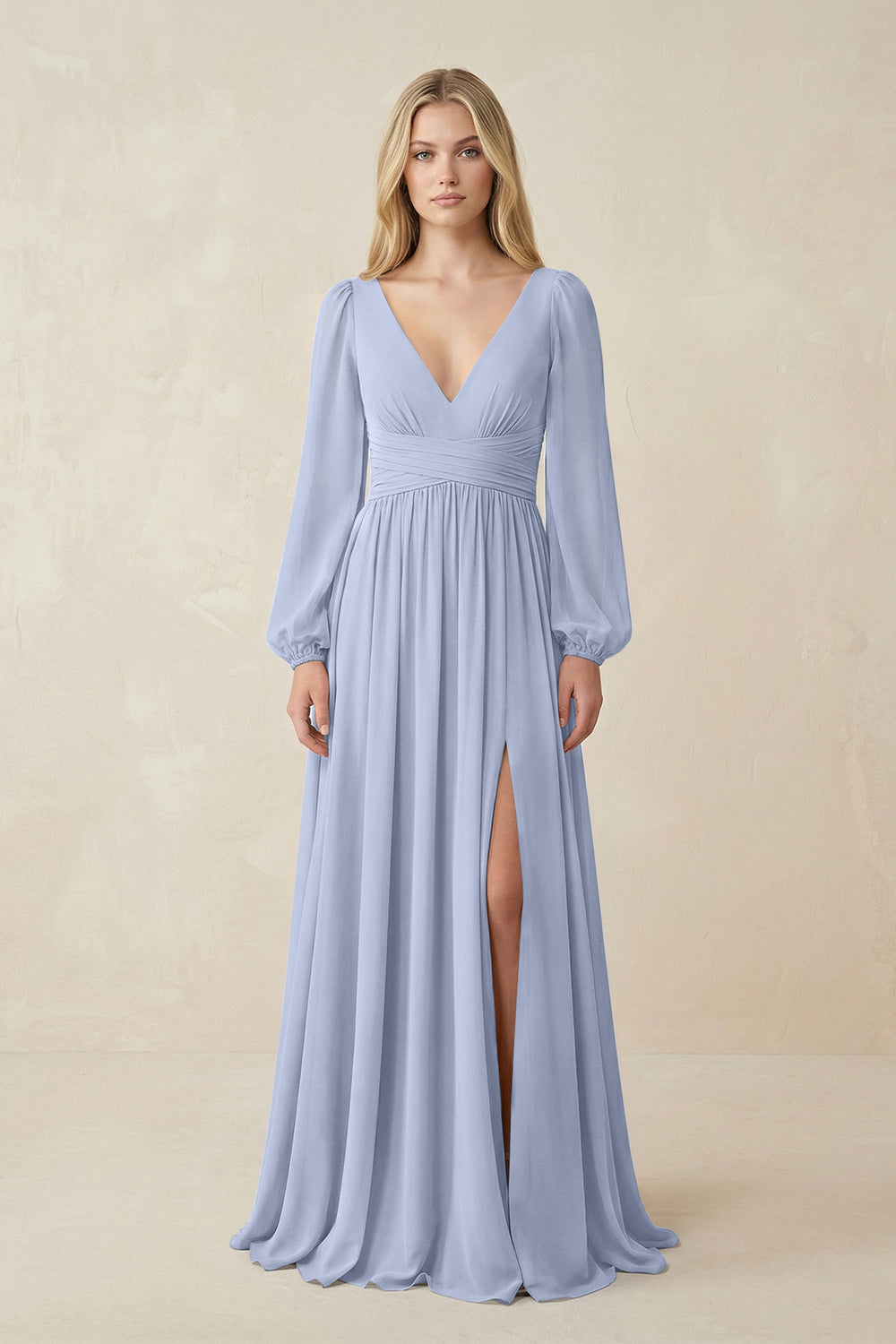 V-Neck Long Sleeve A-Line Chiffon Bridesmaid Dress in Ice