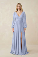 Ice V-Neck Long Sleeve A-Line Chiffon Bridesmaid Dress | KISSBRIDAL