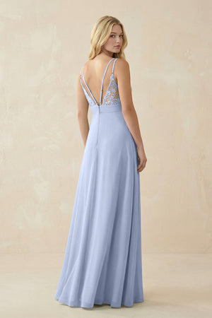 Ice V-Neck Ruched Chiffon Bridesmaid Dress with Slit (2) | KISSBRIDAL
