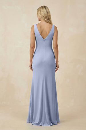 Ice V-Neck Ruched Sheath Bridesmaid Dress with Slit (2) | KISSBRIDAL