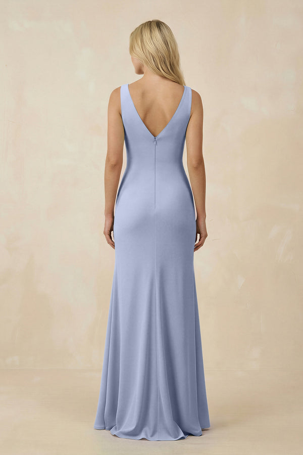 Ice V-Neck Ruched Sheath Bridesmaid Dress with Slit (2) | KISSBRIDAL