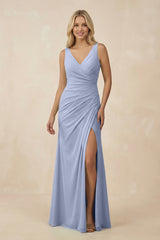Ice V-Neck Ruched Sheath Bridesmaid Dress with Slit | KISSBRIDAL