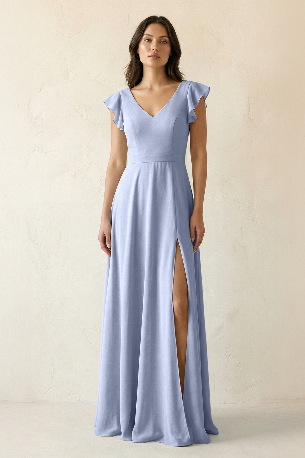 V-Neck Ruffled A-Line Chiffon Bridesmaid Dress in Ice