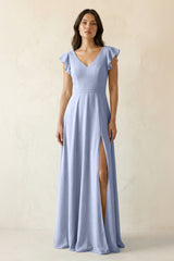 Ice V-Neck Ruffled A-Line Chiffon Bridesmaid Dress | KISSBRIDAL