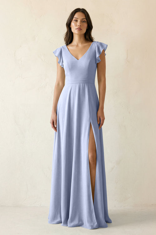 Ice V-Neck Ruffled A-Line Chiffon Bridesmaid Dress | KISSBRIDAL