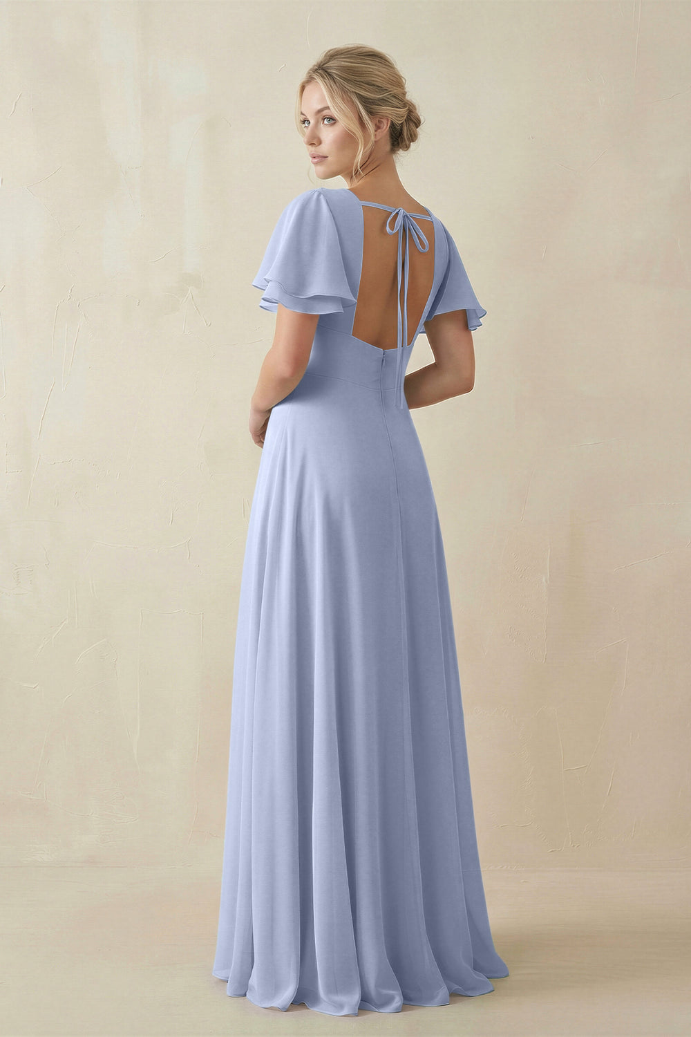 V-Neck Ruffled Short Sleeves A-Line Bridesmaid Dress in Ice