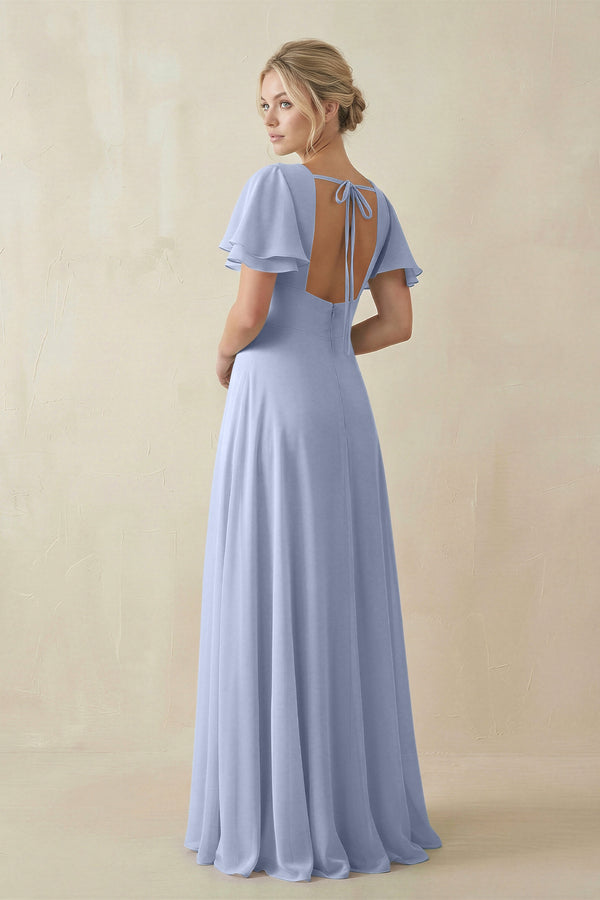 Ice V-Neck Ruffled Short Sleeves A-Line Bridesmaid Dress (2) | KISSBRIDAL