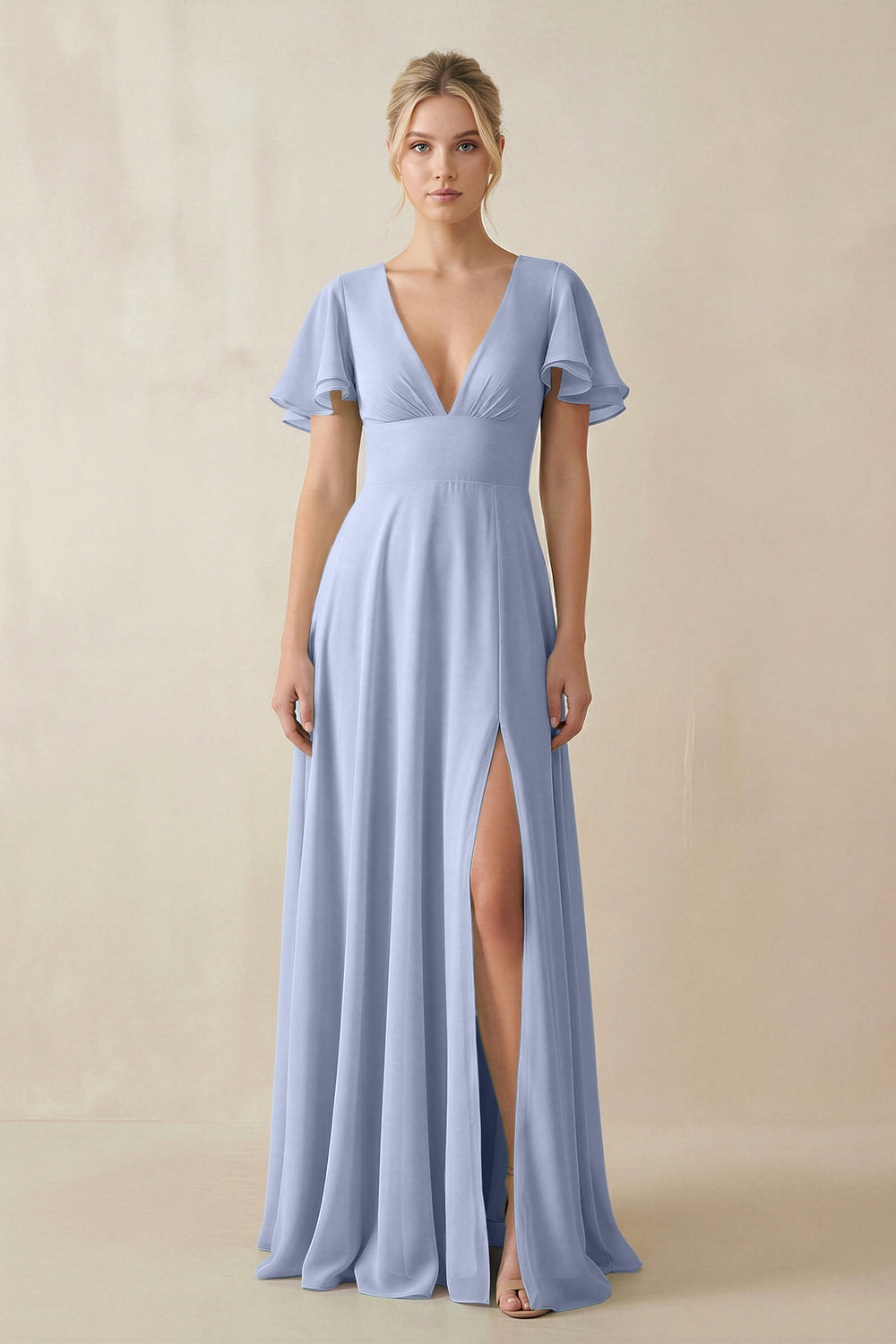 V-Neck Ruffled Short Sleeves A-Line Bridesmaid Dress in Ice
